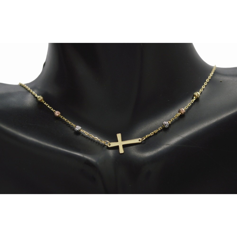 Real 14K Tri-color Gold Beads 16/18" Cross Charm Necklace